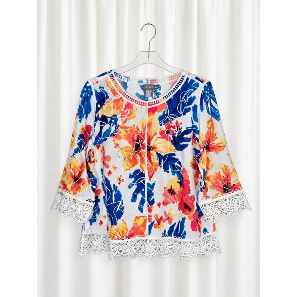 Chico's Feminine Colorful Boho Floral Lace Trim Embroidered Resort Wear Blouse
